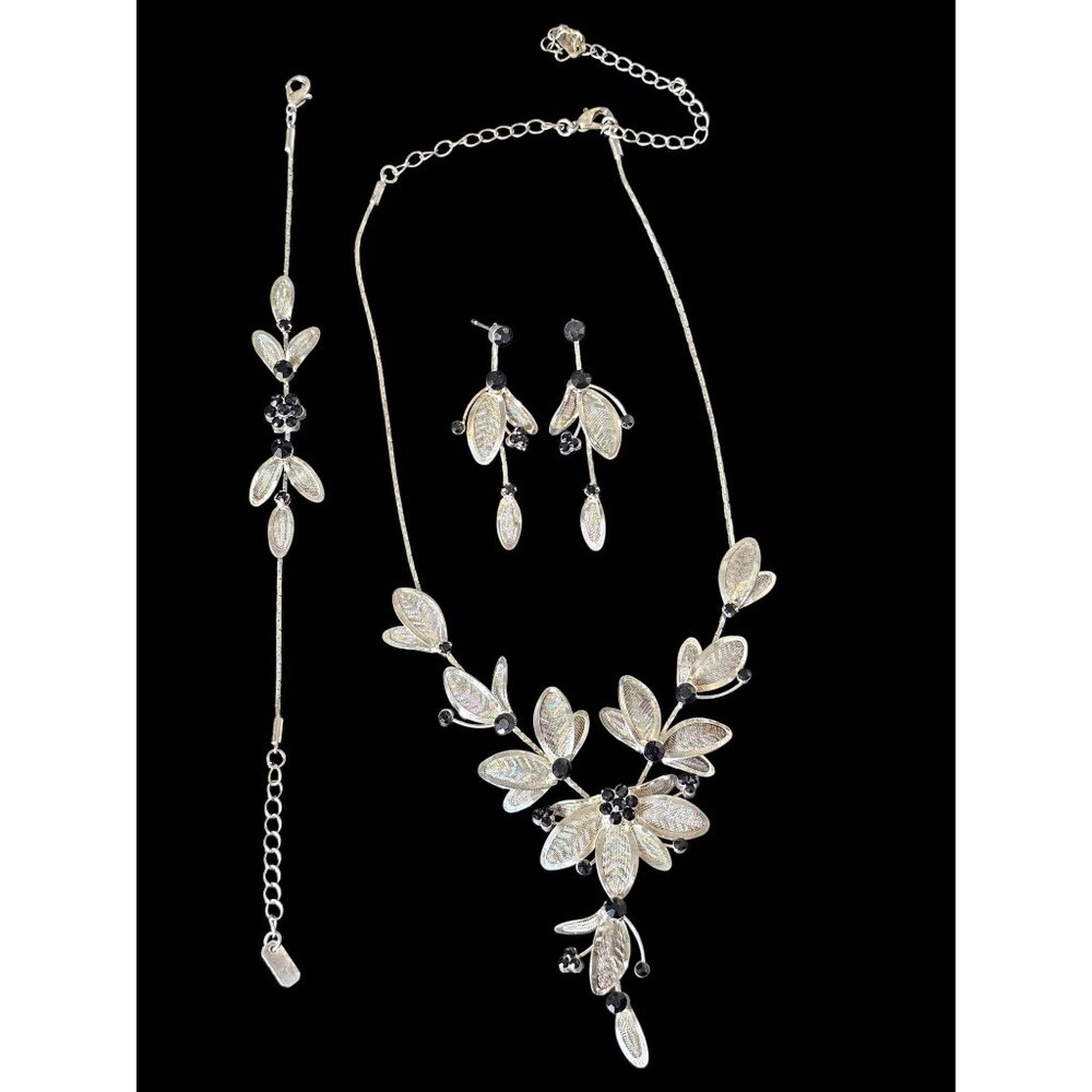 Silver/Black Crystal Mesh Leaf 3-Piece Jewelry Set